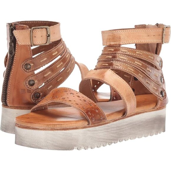 Bed Stu Artermia Platform Ankle Sandals Back-Zip Perforated Leather Tan - Picture 1 of 16